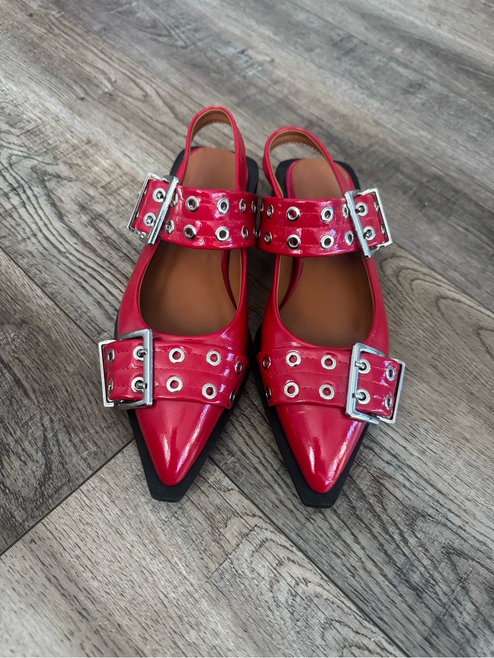 Red Pointed-Toe Buckle Slingback Flats - Women's